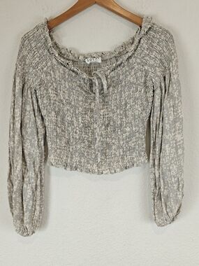 Solai The Label Grey & Cream Floral Smocked Puff Sleeve Crop Top Boho Tie M